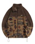 ZAFUL Men Ethnic Aztec Printed Fluffy Fuzzy Jacket Plush Fleece Casual Stand Collar Zip Outwear Cardigan Coat with Pockets, Dark Coffee, L