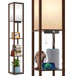 OUTON Floor Lamp Shelf with Remote Control, Dimmable & 4 Colour Temperature Adjustable, 1H Timer, LED Floor Lamp with 2 USB Ports, Floor Lamps with Lampshade for Living Room, Bedroom, Office(Brown)