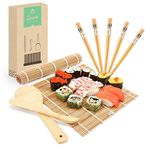 MUDEELA Bamboo Sushi Rolling Mat, Sushi Making Kit 9 Pcs, Beginner Sushi Mat, Includes 2 Rolling Mats, 5 Pairs Chopsticks, Paddle, Spreader, Beginner's Guide (PDF), Roll On, Sushi Maker Kit