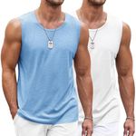 COOFANDY Men's Workout Bodybuilding Tank Tops Athletic Training Gym Shirts Vest Cotton Cut Off Sleeveless Muscle T-Shirt White/Light Blue XXXL