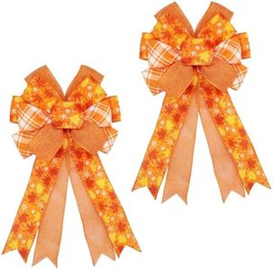 Large Fall Wreath Bows 20x11 Inch, 2 Pack Burlap Wired Thanksgiving Bows for Wreath, Decorative Harvest Ornaments for Front Door Autumn Indoor Outdoor Party Decorations (Orange, Maple)