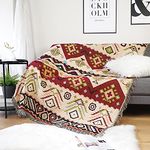 Luxlovery Bohemian Sofa Throw Blankets Dark Red and Khaki Black Woven Boho Hippie Tribal Boho Aztec Throw Blanket for Couch Bed Throws Oversized Chair Sofa Cover with Tassels(63"x86")