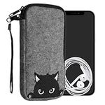 kwmobile Felt Phone Pouch Size XL - 6.7/6.8" - Zippered Universal Bag with Zipper and Embroidered Design - Curious Cat Grey/Black