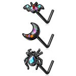 MeIighting 3PCS Black Nose Rings 20G Halloween Nose Studs Surgical Steel 316L Spider Nose Piercing Jewelry L Shaped Bat Nostril Piercing Jewerly