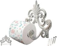 Decorative Cast Iron Fleur De Lis Toilet Paper Roll Holder - Wall Mounted, Antique White, Vintage Rustic Design - Bathroom Accessory with Easy Installation - Included Screws and Anchors