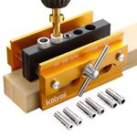 Kolvoii Self Centering Dowel Jig, Adjustable Width Doweling Jig Kit for Straight Holes Biscuit Joiner with 3 Drill Bits, 6 Drill Guide Bushings Gold