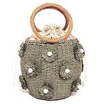 Orgonite Bucket Straw Handbag, Handmade Tote Bag with Pearl Flower, Beach Woven Bag Rattan Basket Purse Drawstring for Women…, A-green