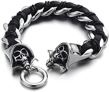 COOLSTEELANDBEYOND Biker Brazalete de Cráneo Calavera, Pulsera Cuero Trenzado de Hombre, Cadena Barbada, Acero, Negro, Diseño Trenzado