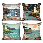 Lighthouse Picture Cushion Covers Cartoon Style Artwork Pillow Decorative 18x18inch Set of 4 Sailboat Flower Reef Art Pillow Covers Seaside Scenery Throw Pillow Cases for Sofa Living Room Gift