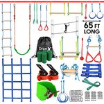 Ninja Warrior Obstacle Course for Kids - 2X65FT Double Ninja Slackline with Most Complete Accessories for Kids, Swing, Trapeze Swing, Rope Ladder, Obstacle Net Plus 1.2M Arm Trainer