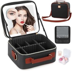 Aiborke Travel Makeup Bag with Led Mirror Make up Case with Lighted Mirror Cosmetic Organizer bag with Adjustable Dividers and 5X Magnifying Mirror Makeup Box Vanity Case for Women (Black+Brown)