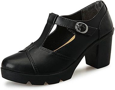 DADAWEN Women's Classic T-Strap Platform Mid-Heel Square Toe Oxfords Dress Shoes Black US Size 4.5