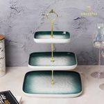 Swasha Dessert Display Cupcake Stand, Luxury Snacks Display Ceramic 3-Tier Stand with Metal Handle and Removable Dessert Table Afternoon Tea Cup Cake Stand Dessert Display Stand (White- Green)