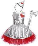 IMEKIS Toddler Halloween Costume Kids: Girl Cosplay Silver Heart Apron Dress Up Headband Axe Accessory Stroybook Princess Baby Movie Character Infant Birthday Party Outfit Silver 3-4T