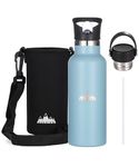 Kushiro Stainless Steel Water Bottle with Bag, Straw Lid, Reusable Vacuum Insulated Metal Drinks Flask, Thermal Insulated Bottle for Travel, Gym, Sports, Outdoors, Work, School - 500ml (Blue)