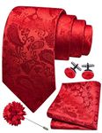 Gusleson Mens Red Tie for Wedding Paisley Solid Silk Necktie Pocket Square Cufflinks and Lapel Pin Brooch Set (UK6105-09)