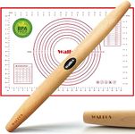 WALFOS French Rolling Pin and Silicone Baking Mat Set, Non-Stick Beech Wood Rolling Pin 15.7 Inch and Pastry Mat for Best Pie Crust, Cookie, Pasta and Pizza Dough