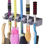 Yorten Plastic Multipurpose 5 Slot Wall Mounted Mop and Broom Holder with 6 Hooks Garage Storage up to 11 Tools Wall Mounted (Grey),Design 66