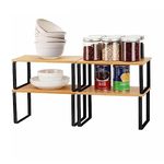 4-Pack Bamboo Cupboard Shelf Organiser - Expandable & Stackable Storage Rack for Cabinets, Kitchen, Bathroom,Lounge-Black