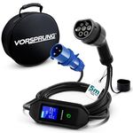 VORSPRUNG® (CEE 3 Pin Plug) Portable Type 2 EV Charger, Adjustable Amperage (10A/16A/20A/24A/32A) 7.3kW with Controllable Digital Screen - Electric Vehicle Motorhome Charging Cable T2, (UK) (5 Metre)