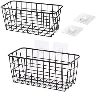 LeleCAT Hanging Kitchen Baskets For Storage Adhesive Sturdy Small Wire Storage Baskets with Kitchen Food Pantry Bathroom Shelf Storage No Drilling Wall Mounted,2 PACK,Black