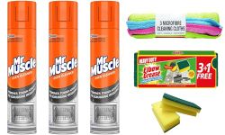 Mr Muscle Oven Cleaner Spray 300ml Each (Pack of 3) - Oven BBQ Cleaner Degreaser - Removes Tough Grease - No Scrubbing Required with 3 pcs Microfibre Cleaning Cloth and Degreaser Sponge 3+1