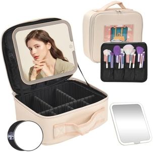 Travel Makeup Bag with LED Mirror,Removable Mirror with 3 Color Modes,Portable makeup travel organizer for Women,Makeup Case with 8 Adjustable EVA Dividers,Cosmetic Train Case with Lighted Mirror