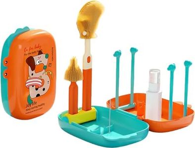 7-in-1 Bottle Cleaning Kit - Travel Bottle Brush Set with Bottle Brush, Nipple Brush, Straw Cleaner, Soap Dispenser, Bottle Drying Rack, Drainage Tray & Organizer Case for Home and Travel (Orange)