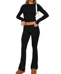 GRMLRPTWomen's 2 Piece Lounge Sets Fold-Over Flare Leggings Pants Matching Slim Fit Long Sleeve Cropped Top Y2k Pajama Outfits,Black,S