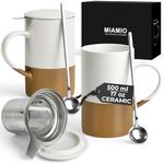 MIAMIO - Tea Cup Set 2 x 500 ml with Infuser and Lid/Ceramic Tea Mug with Infuser and Spoon for Steeping Loose Leaf Tea, Gifts for Tea Lovers - Microwave & Dishwasher Safe (Brown)