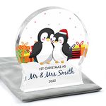 PERSONALISED Mr & Mrs 1st First Christmas Snowglobe Decoration Ornament, First Christmas Married Gift For Husband and Wife, Penguin Couple Acrylic Snow Globe Decoration With Grey Bag