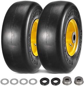 MaxAuto 2PCS 9x3.50-4" Flat Free Lawnmower Tire on Wheel, 3.5" Centered Hub, 3/4" Bushings(Universal Adapter Kit Include: 2pcs 5/8" Sintered Iron Bushings, 2pcs 1/4" Nylon Spacers, 4pcs Steel Washers)