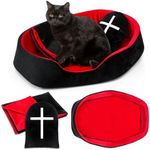 Memorywuu 3 Pcs Gothic Coffin Cat Bed Set with Coffin Cat Bed Black Tombstone Pillow Red and Black Blanket Gothic Pet Furniture Cat Activity Center for Halloween