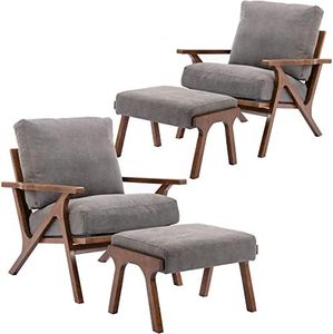 Wahson Set of 2 Mid Century Arm Chairs and Ottomans, Upholstered Accent Armchair with Wood Frame and Canvas Cushions, Leisure Slipper Chair for Living Room/Bedroom, Grey