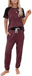 AUTOMET Lounge Sets For Women Two Piece Outfits Loungewear Short Sleeve Crewneck Jogger Pajama Set Sweatpants Tracksuit, Wine Red, Medium