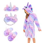 Girls Soft Unicorn Dressing Gown Hooded Fleece Robe Casual Sleepwear with Unicorn Slippers for Kids (Bright Purple, 8-9 Years)