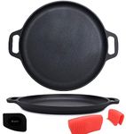 Cast Iron Pizza Pan 13.8" (Pre-Seasoned), Baking Pan, Cooking Griddle, for Stove, Grill, BBQ and Oven - Including Silicone Hot Handle Holders and Scraper