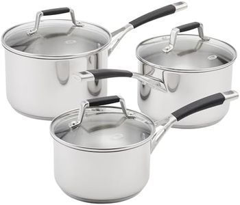Stellar Flow Set of 3 Stainless Steel Saucepans with Glass Lids, 16cm, 18cm & 20cm, Oven Safe, Induction Ready