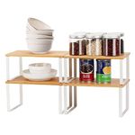 4-Pack Bamboo Cupboard Shelf Organiser - Expandable & Stackable Storage Rack for Cabinets, Kitchen, Bathroom,Lounge-White