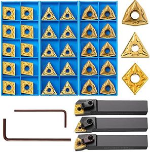 33 Pieces Lathe Excircle Indexable Carbide Turning Tool Holder Bit Set MTJNR1616H16 + MWLNR1616H08 + MCLNR1616H12 with 30 CNMG 431 + WNMG 431 + TNMG 331 Metal Indexable Carbide Turning Insert Blades