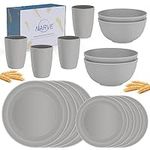 NARVE 16 Piece Wheat Straw Dinnerware Sets | Unbreakable, Microwave Safe, Dishwasher Safe | Lightweight Dinnerware Set | Reusable, Dorm Room Essentials, Dishes Set For 4 | Dishes | Dish Set, Grey