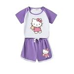 Girls Summer Short Tracksuit Sets Cartoon Outfits Graphic T-Shirt Sweatpants Novelty Sports 2 Piece Sets for 3-14Years (5-6 Years,KT-Purple)