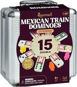 Queensell Mexican Train Dominoes Set Double 15, Dominoes Set for Adults and Family, Mexican Train Double 15 Dominoes Set Colored Dot - 136 Tiles, 9 Trains, Wooden Hub, Aluminum Case (Double 15)