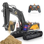 FUYLE Rc Excavator, Independent Arms Remote Control Construction Vehicles 2.4GHz 22 Channel with Lights Sounds, 1/14 Scale Metal Shovel Rc Digger Toys Gifts for Boys Adults