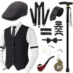 17PCS 1920s Gatsby Costume for Men,1920s Men Fancy Dress Vest Accessories Set,Retro Gangster Costume Kit with Waistcoat Hat Foldable Metal Crutches Suspenders Mustache Pocket Watch Pipe Glasses Tie