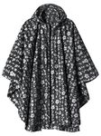 Waterproof Rain Poncho Jacket Coat for Adults Hooded with Zipper(Black Floral)