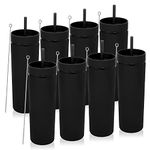 Volhoply 20oz Tumbler with Lid and Straw 8 Pack,Double Wall Plastic Skinny Tumblers Bulk,Reusable Travel Cute Coffee Mug,BPA Free Matte Acrylic Water Cups With Straw for Parties,DIY Gifts(Black,8 Set）