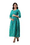 HRK VENOM Women's Pure Cotton Printed Maxi Maternity Gown/Maternity Wear/Feeding Gown A-Line Maternity Feeding Dress Maternity Kurti Gown For Women(Blue)_2XL