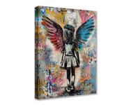 Tucocoo 1 Piece Canvas Wall Art Banksy Girl Pictures Angel Wings Street Graffiti Style Paintings Contemporary Artwork Home Decor for Living Room Framed Ready to Hang Posters and Prints 16x24 inch