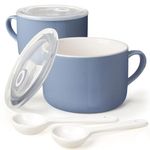 Wareland Soup Bowls with Handles & Spoons, 30oz Ceramic Ramen Bowl with Lid, Large Soup Mugs/Cups for Instant Noodle, Big Cereal Bowls for Oatmeal, Soup Containers with Lids, Set of 2, Sky Blue